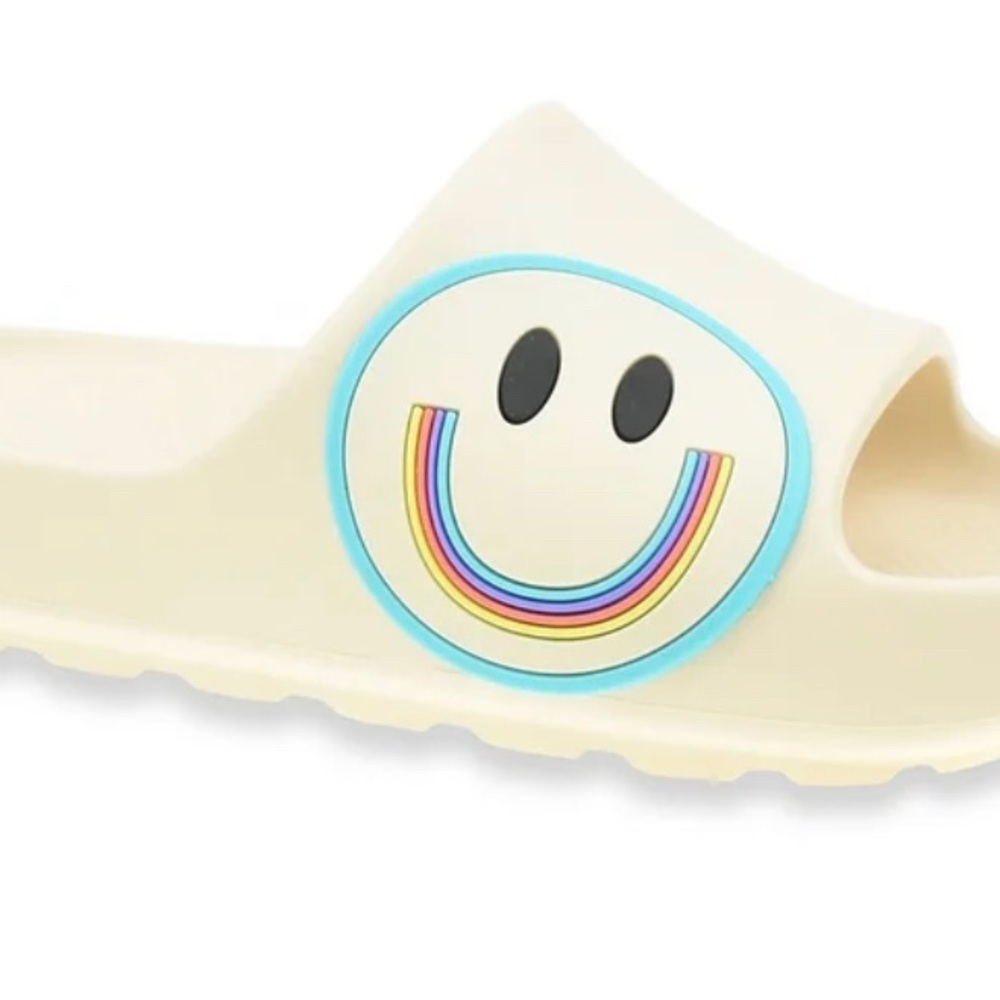 Cream Slide Sandals with Smiley Face
